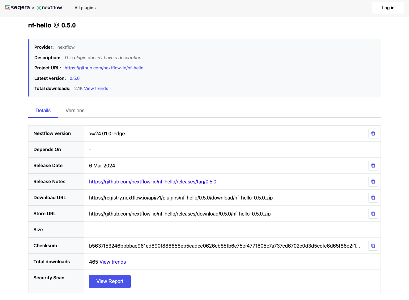 A página do plugin nf-hello em registry.nextflow.io